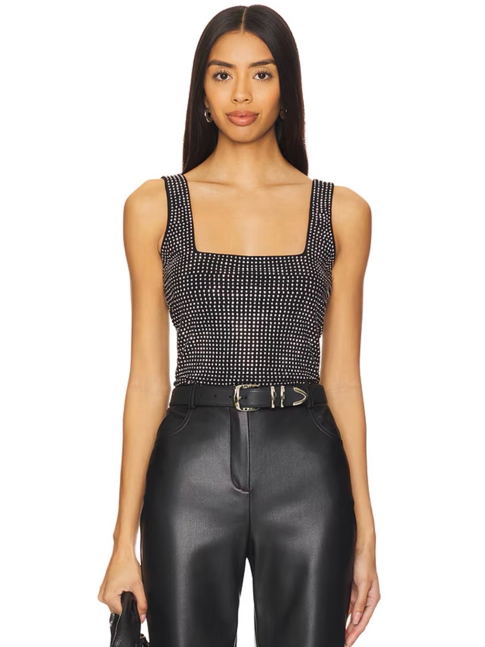 Good American Crystal Rhinestone Square Neck Tank Top Black Size L